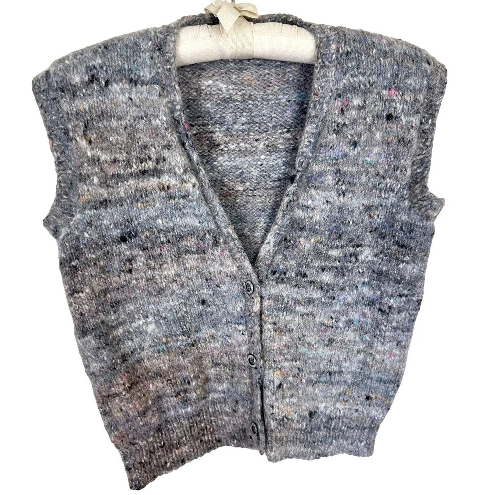 Vtg Womens Gray Vest Speckled Pink Knit Button Up Medium Layering Blend